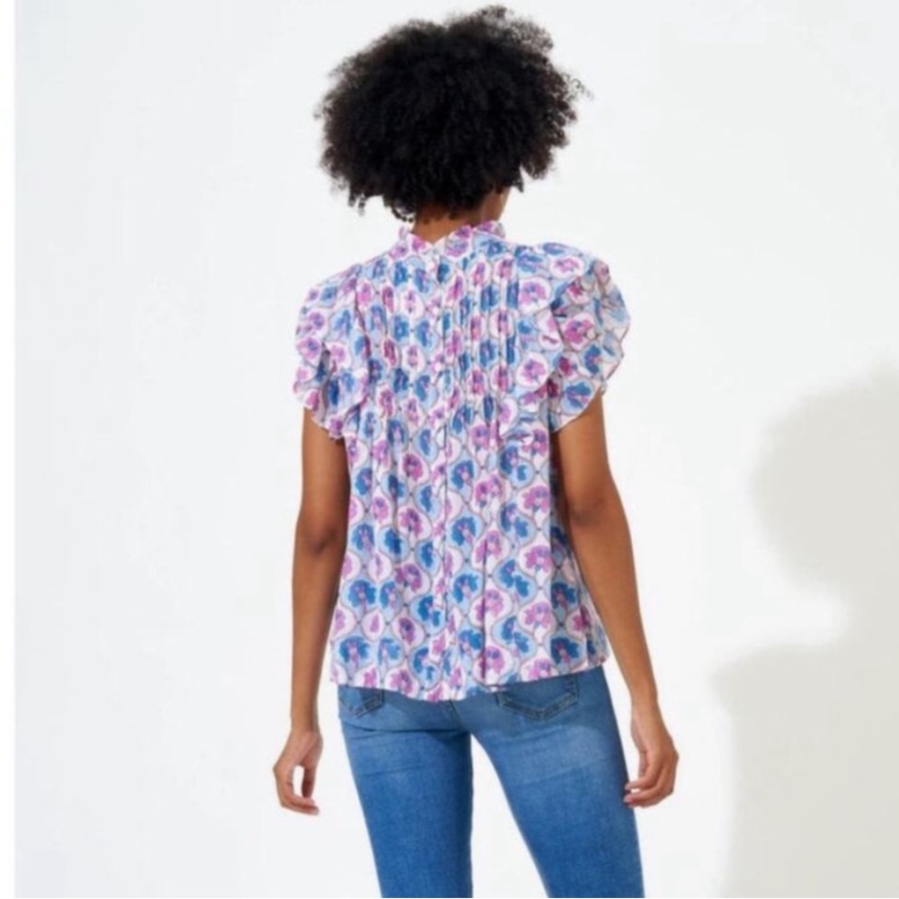 Oliphant Pintuck Ruffle Top Blouse XS 100% Cotton Pink Blue Print EUC - Picture 2 of 12